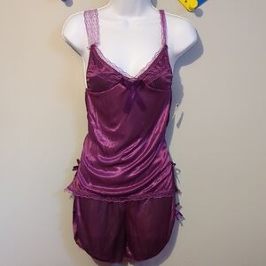 Purple Lace Trim Satin Sleepwear Set
